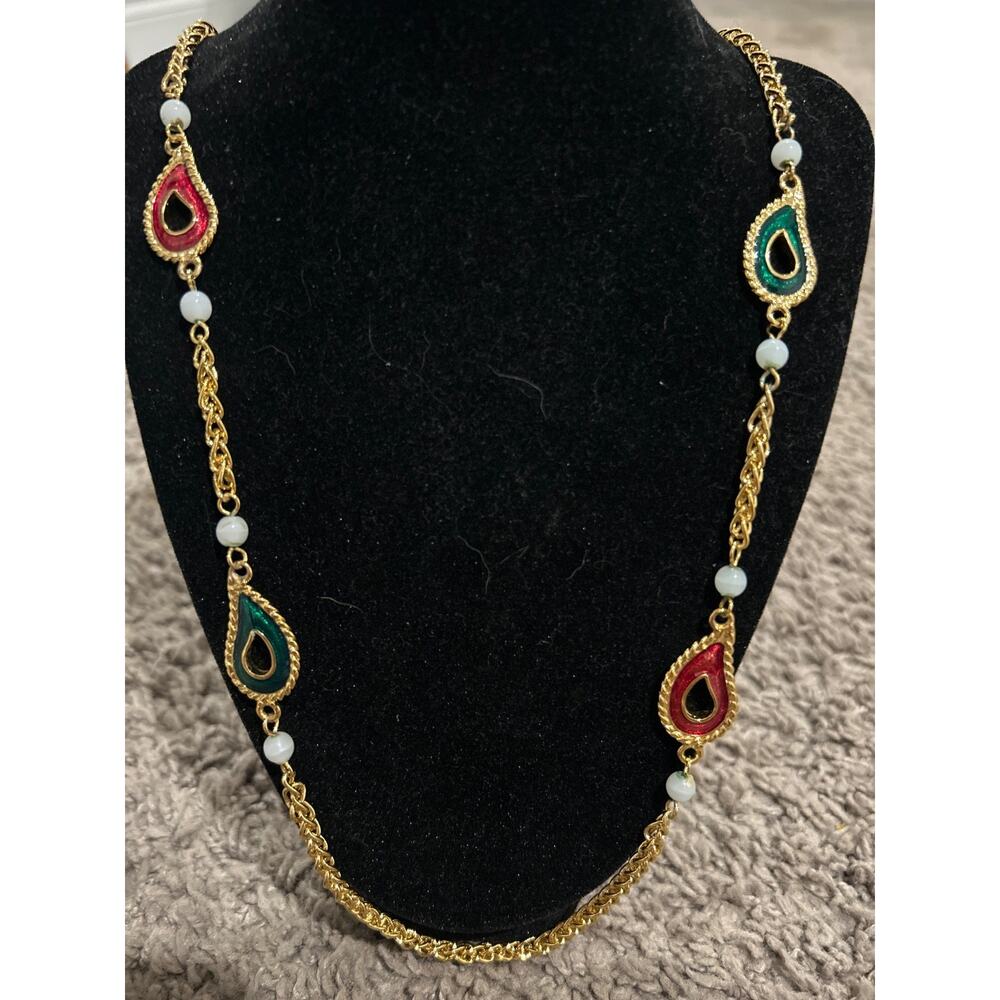 KJL Kenneth J Lane vintage 1990s Gold Toned Necklace with enamel t